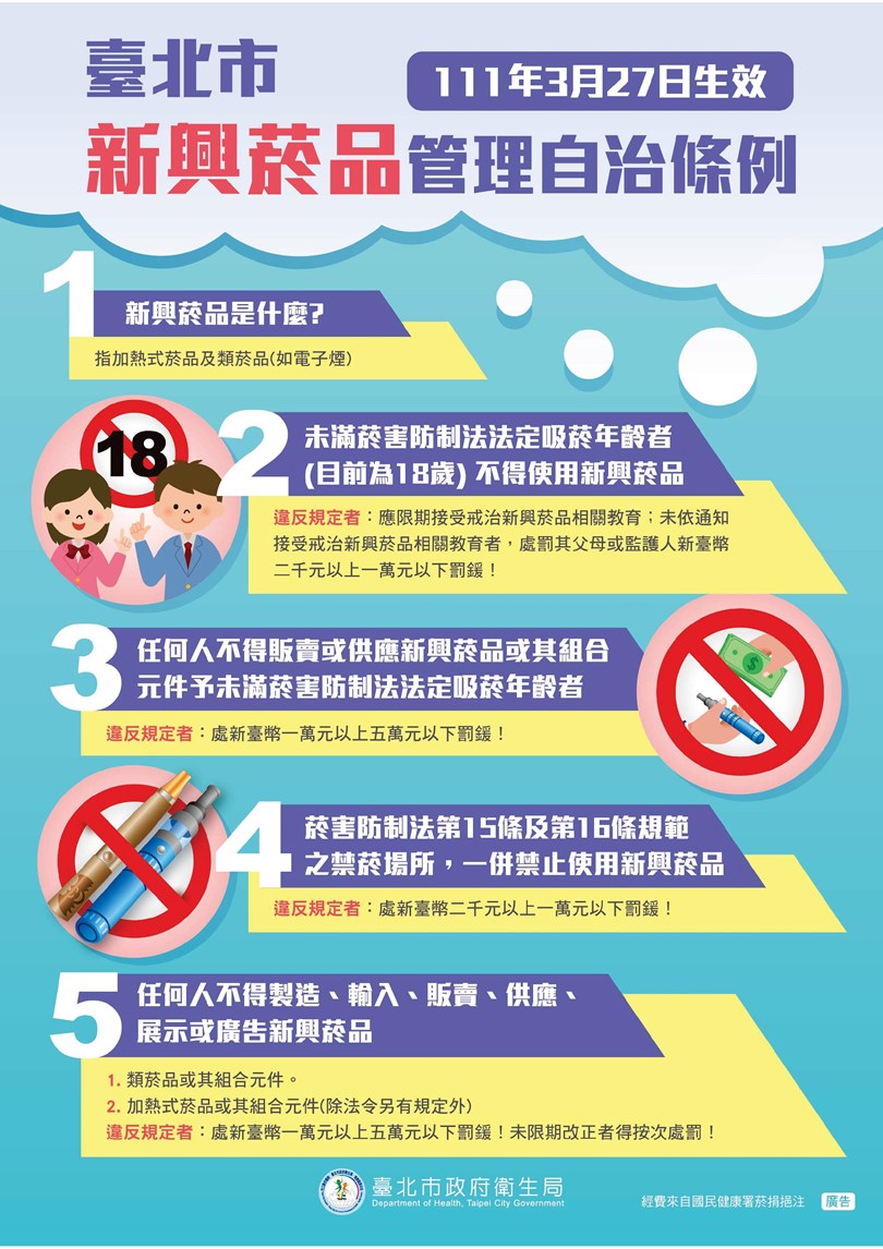 臺北市政府衛生局業於111年3月25日公布-臺北市新興菸品管理自治條例-自3月27日起施行